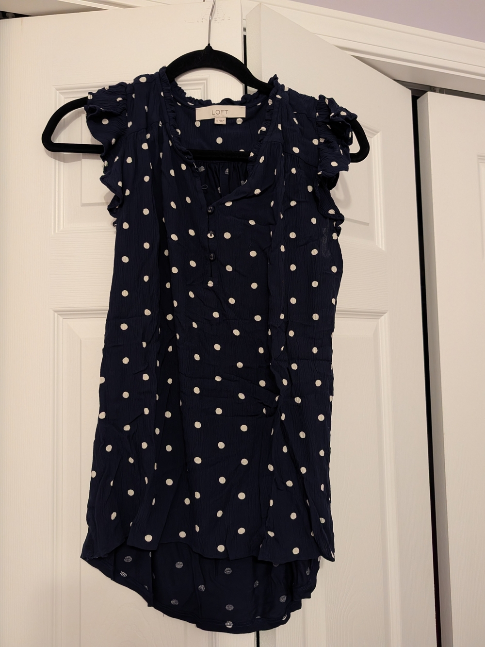 LOFT Navy Polka Dot Ruffle Sleeve Blouse